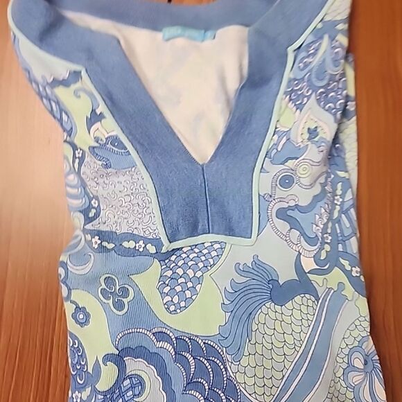 J McLaughlin Women's Blue Print Tunic Top Cover Up Size S V Neck Catalina Cloth - Picture 9 of 9